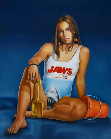 Tara Lewis painting titled &quot;Enter at your own risk&quot;  2022, Oil on linen measuring 60 x 48 in.  The image is of a young woman sitting wearing a bathing suit with Jaws shark image on it