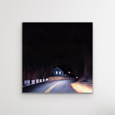 Night road oil painting by Edie Nadelhaft titled Long Pond Road April, oil on canvas, 12 x 12 inches