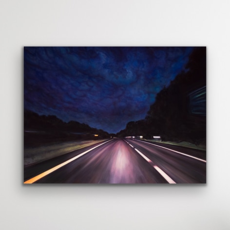 Night road oil painting by Edie Nadelhaft titledMay 26th (8.59pm), oil on canvas, 36 x 48 inches
