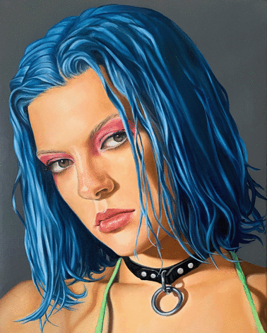 Tara Lewis painting titled &quot;Swimmer&quot;  2021, Oil on canvas measuring 20 x 17 in.  The image is of a young woman with blue hair