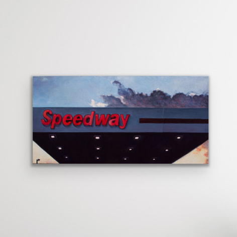 oil painting by Edie Nadelhaft titled Speedway, Washington NC, 2020, Oil on canvas 10 x 30 inches
