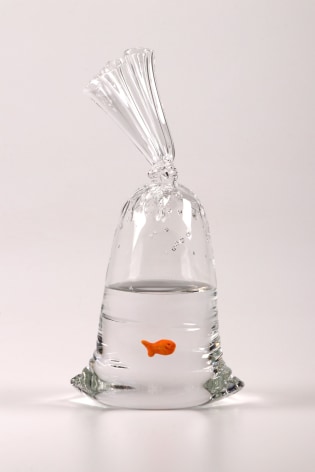 hyperreal glass water. bag sculpture with goldfish by Dylan Martinez 2022, Hollow &amp; solid sculpted glass, 11.5 x 5.75 x 4 inches