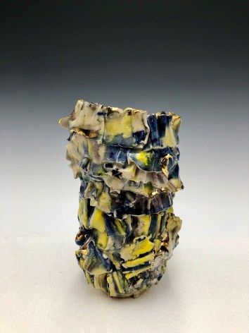 ceramic by Lauren Skelly Bailey titled Ruffle Vase 2018, glazed stoneware w/slip, gold 5 x 3.5 x 3.5 in