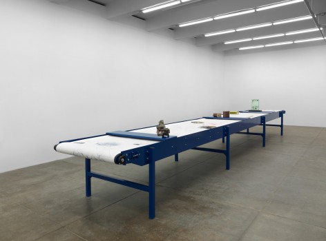 Goshka MacugaBefore the Beginning and After the End: Artists&rsquo; Systems (in collaboration with Patrick Tresset), 2016&nbsp;Blue table with vitrines, biro drawings by system &ldquo;Paul-n&rdquo; on paper scrolls, artworks,&nbsp;objects&nbsp;Dimensions variable