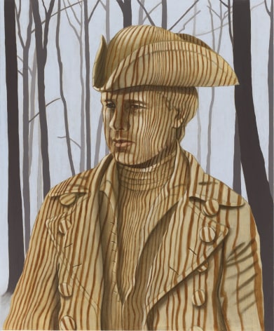 Portrait of man in classic 3/4 portrait style. He is painted in a wood grain and the background is a forest.