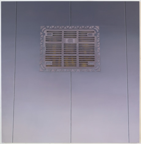 a painting of a rectangular grated man hole. the canvas fades from a darker blue-gray to a lighter-blue gray from top to bottom.