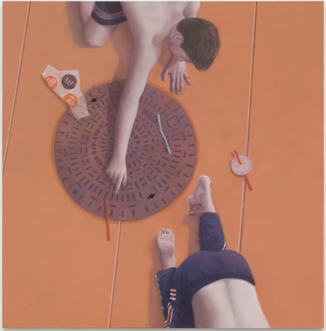 a square canvas with an aerial view of a two men crawling over a manhole. a Mcdonald's wrapper, two straws and a lastic lid are strewn on the ground. one man reaches out to pick up a straw, the other crawls away out of the canvas .