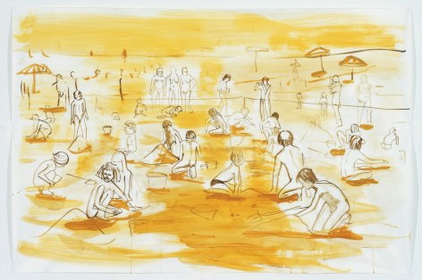 a scene of people on a beach. the scene is painted in golds and yellows.