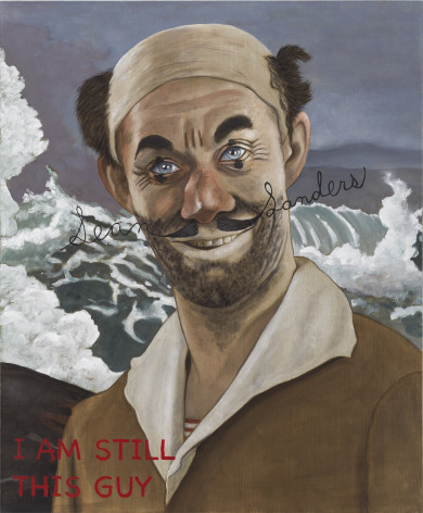 Portrait of man with ocean and crashing waves in the background. He looks like a clown and has a mustache. the mustache extends into cursive writing on each side reading &quot;sean Landers&quot;. in the lower left corner in painted in red is text that reads &quot;I am still this guy&quot;.