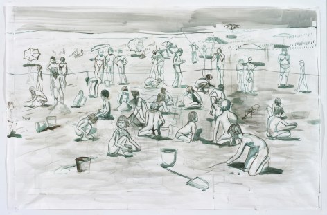 a scene showing people on the beach with the ocean in the background. the scene is painted in greens and grays.