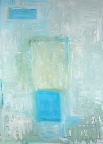 Katherine Parker, Slippage, 2017,  Oil on canvas,  84 x 60 inches. Abstract work with painterly marks in light blue, white and green. Katherine Parker is known for her large vividly painted canvases which are characterized by layers of stumbled and abraded oil paint.