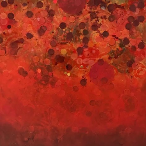 Erin Parish. The Point of Boiling, 2018, Oil and mixed media on wood panel, 48 x 48 in., Singed and dated on verso. Composed principally of fields of red and Bordeaux-colored circles over a red, Parish&rsquo;s paintings do not have primary focal points, but rather implied depth, created by the use of resin resulting in textured surfaces that guides the eye. Layered and dense, Parish&rsquo;s works convey a distinct tension between the textured surface and the underpainting resulting in structurally rigorous and complex compositions.