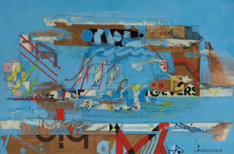 Sam Middleton, London Bridge, 1981,  Mixed media and collage on paper,  20-1/4 x 30-1/2,  Signed and dated lower right. Collage piece with brown cardboard, blue paint and geometric squares and triangular shapes in red and green. Sam Middleton was one of the leading 20th-century American artists, and is a mixed-media collage artist