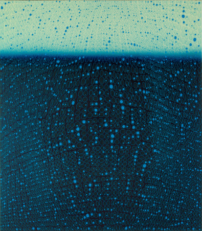 Teo Gonzalez, Arch/Horizon Painting 3, 2015, Acrylic on canvas over board, 42 x 36 inches. Off-white and dark grey background with signature grid on top. Teo Gonzalez was born in Spain, and his signature style are works that consist of thousands of drops of water, arranged into a grid pattern, inside of which a small amount of ink or enamel was dropped and left to dry.