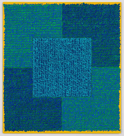 Louise P. Sloane, Fated 7, 2016, Acrylic paint and pastes on aluminum panel, 40 x 36 inches, signed, titled and dated on the verso, four rectangles and a central square (teal, blue, and yellow edges) with personal text written over the squares in blue to create three dimensional texture. Louise P. Sloane has been creating abstract paintings since 1974.