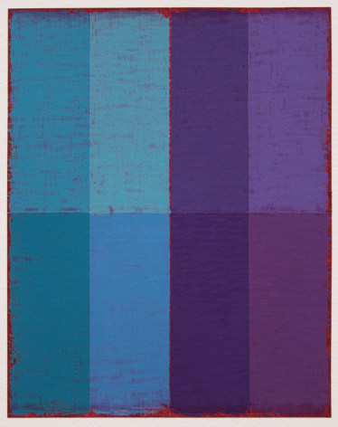 Steven Alexander, P19-18, 2018, Oil &amp; acrylic on paper, 10 x 8 inches. Eight equal sized rectangles, in blue, light blue, purple and lavender stacked on top of the same colors in a slightly darker hue. Steven Alexander is an American artist who makes abstract paintings characterized by luminous color, sensuous surfaces and iconic configurations.