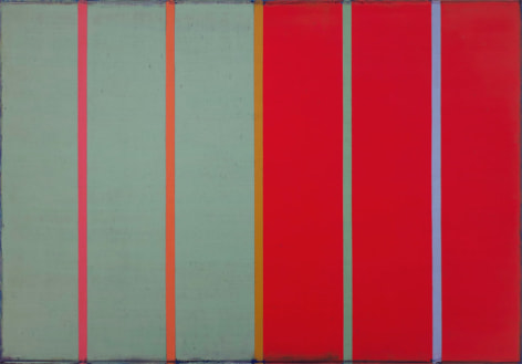 Steven Alexander, Tracer 10, 2016, Oil &amp; acrylic on canvas, 42 x 60 inches, Vertical red and green-grey panels with pink, orange, yellow, green and blue stripes in between. Steven Alexander is an American artist who makes abstract paintings characterized by luminous color, sensuous surfaces and iconic configurations.