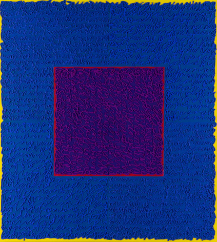 Louise P. Sloane, Mystic Garden, 2018, Acrylic paints and pastes on linen, 40 x 36 inches, one rectangle and a central square (blue, purple, yellow border) with personal text written in blue over the squares to create three dimensional texture. Louise P. Sloane has been creating abstract paintings since 1974. Her works focus on geometric forms while celebrating color and texture.