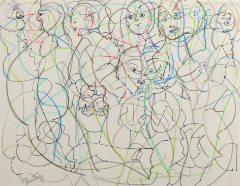 Herbert Gentry, All of Us Series, 1992, Color and graphite on paper, 9 1/2 x 12 inches, Outlined and overlapped portraits in red, blue, green and black. Herbert Gentry painted in a semi-figural abstract style, suggesting images of humans, masks, animals and objects caught in a web of circular brush strokes, encompassed by flat, bright color.