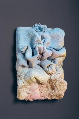 Morel Doucet, Ode to Osun, 2016,  White Earthenware, Glazed &amp; Acrylic Stain, 21 x 15.5 x 7.25 inches, 3-D Ceramic panel with multiple textures and shapes, glazed in light pastel colors.. Morel Doucet creates work that combines the natural world with people's inner consciousness inspired by indigenous people of different cultures.