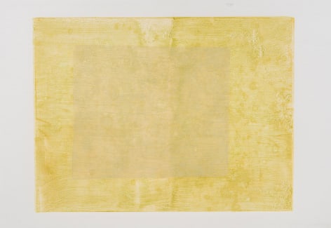 Felrath Hines , Untitled, 1982 , Monotype,  18 x 24 inches. Organic and natural yellow monotype with a tan square within a yellow rectangle. Felrath Hines worked to create universal visual idioms from a place of complex personal experience. His figurative and cubist-style artwork morphed into soft-edged organic abstracts as he grappled with hues in his chosen oil medium.