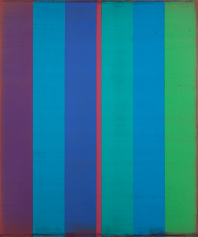 Steven Alexander, Is &amp; Was, 2017, Oil and acrylic on linen,60 x 50 inches, 6 Vertical rectangles in purple, blue and green, split in the middle with a pink stripe. Steven Alexander is an American artist who makes abstract paintings characterized by luminous color, sensuous surfaces and iconic configurations.