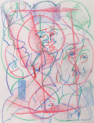 Herbert Gentry, Dialogue Series B, 1993,  Pastel and colored pencil on paper,  12 x 9 1/2 inches,  Signed lower right. Abstract figural portrait with multiple faces composed of blue, red and green lines. Textured red marking in the foreground. Herbert Gentry painted in a semi-figural abstract style, suggesting images of humans, masks, animals and objects caught in a web of circular brush strokes, encompassed by flat, bright color.