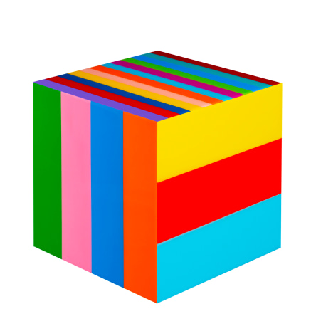 Heidi Spector, Our Love Song, 2019, Liquitex with resin on Birch panel, 12 x 12 x 12 inches, Signed, titled and dated on the verso, 3-D cube with colorful vertical stripes on each side, set in a glass-like surface, Heidi Spector creates geometric minimalist art inspired by musical rhythms that are composed of repetitive shapes in candy-like colors that vibrate.