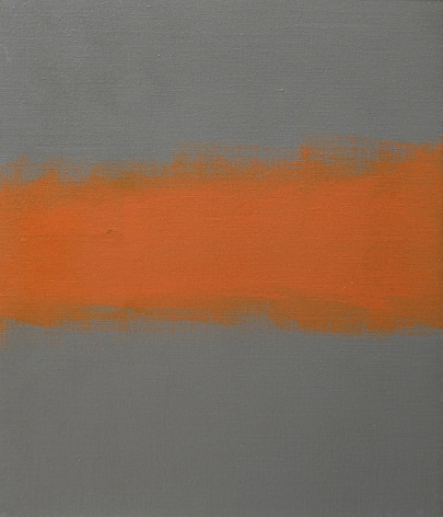 Felrath Hines, Untitled (sketch), 1969, Oil on canvas, 12 x 14 in., signed. Abstract painting with horizontal orange brush strokes over grey background. Felrath Hines worked to create universal visual idioms from a place of complex personal experience. His figurative and cubist-style artwork morphed into soft-edged organic abstracts as he grappled with hues in his chosen oil medium.