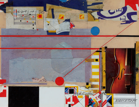 Sam Middleton,  Strings, 1995,  Mixed media and collage,  19-3/8 x 25 inches, Signed and dated lower right. Abstract work with cut out photographs, and geometric shapes in primary colors. Sam Middleton was one of the leading 20th-century American artists, and is a mixed-media collage artist.
