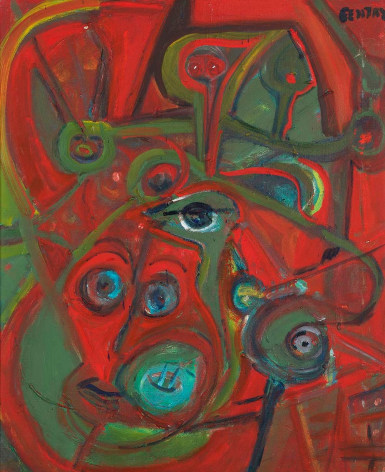 Herbert Gentry, The Family,   Acrylic on canvas,  24 x 19 1&frasl;2 inches, Signed upper right: Gentry. Abstract work with organic forms in green, blue and red. Herbert Gentry painted in a semi-figural abstract style, suggesting images of humans, masks, animals and objects caught in a web of circular brush strokes, encompassed by flat, bright color.