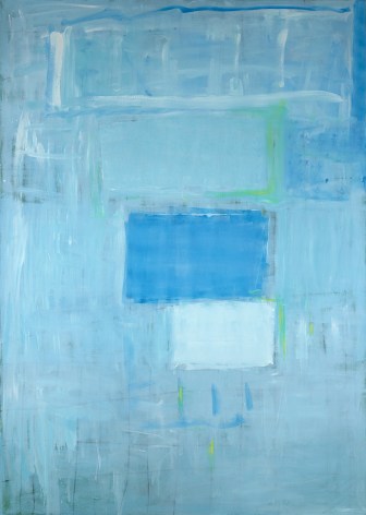 Katherine Parker, Kick The Can, 2017, Oil on canvas, 84 x 60 inches, Abstract red painting with multiple layers of blue and white, Katherine Parker is known for her large vividly painted canvases which are characterized by layers of stumbled and abraded oil paint.