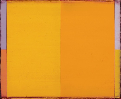 Steven Alexander, Reverb 20, 2017, Oil and acrylic on canvas, 22 x 18 inches, Signed and titled on the verso, SOLD, Vertical rectangles in yellow and orange with light lilac and orange border, Steven Alexander is an American artist who makes abstract paintings characterized by luminous color, sensuous surfaces and iconic configurations.