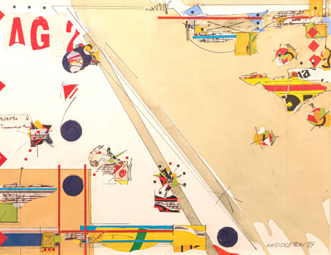 Sam Middleton, Half Note, 1989, Mixed media collage, 19 1/2 x 25 1/4 in.,  Signed and dated, lower right. Abstract collage work, the composition of which is cut diagonally, from top left to bottom right. Sam Middleton was one of the leading 20th-century American artists, and is a mixed-media collage artist.