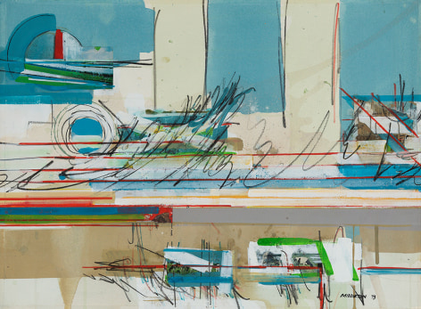 Sam Middleton, Declassified, 1973,  Mixed media and collage on paper,  15-1/2 x 20-7/8,  signed and dated lower right. Abstract work with gestural marks in blue, red, yellow and green. Sam Middleton was one of the leading 20th-century American artists, and is a mixed-media collage artist