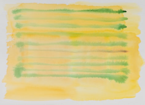 Felrath Hines, Untitled, 1980s,  Watercolor on paper,  10 x 14.25 inches. Horizontal green and yellow brush strokes. Felrath Hines worked to create universal visual idioms from a place of complex personal experience. His figurative and cubist-style artwork morphed into soft-edged organic abstracts as he grappled with hues in his chosen oil medium.