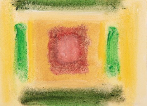 Felrath Hines, Untitled,  Watercolor on paper, 5 x 7 inches, Unsigned. Multi-color green, yellow and red vertical and horizontal organic rectangles. Felrath Hines worked to create universal visual idioms from a place of complex personal experience. His figurative and cubist-style artwork morphed into soft-edged organic abstracts as he grappled with hues in his chosen oil medium.