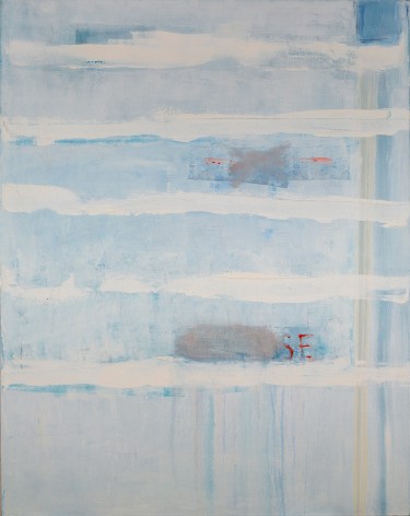 Katherine Parker,  Use Me Up, 2017,  Oil on canvas,  60 x 48 inches. Abstract work with white horizontal painterly marks and layers of oil paint. Katherine Parker is known for her large vividly painted canvases which are characterized by layers of stumbled and abraded oil paint.