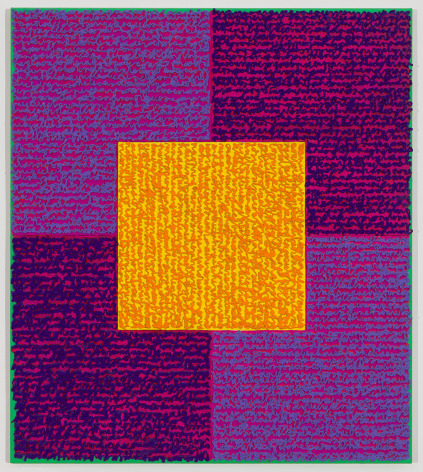 Louise P. Sloane, VVPPO, 2015, Acrylic paint and pastes on aluminum panel, 34 x 30 inches, Signed, titled and dated on verso, four rectangles and a central square (purple and violet with yellow) and personal text written over the squares to create three dimensional texture. Louise P. Sloane has been creating abstract paintings since 1974.