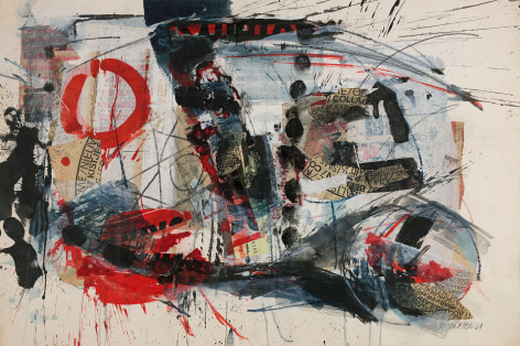 Sam Middleton, Social Realism, 1964,  Mixed media and collage on paper,  20 x 30 inches,  SOLD. Abstract and gestural work with red, black and white painterly marks, slashes, splatters and circles. Sam Middleton was one of the leading 20th-century American artists, and is a mixed-media collage artist.
