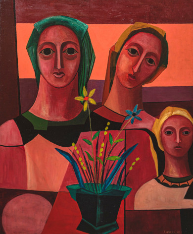 Felrath Hines, Three Figures, 1947, Oil on canvas, 36 x 30 in., Signed and dated, lower right. Three female cubist figures are set behind a small floral arrangement, looking directly at the viewer. Felrath Hines worked to create universal visual idioms from a place of complex personal experience. Hines&rsquo;s figurative and cubist-style artwork morphed into soft-edged organic abstracts as he grappled with hues in his chosen oil medium.