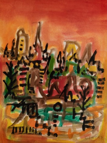 Herbert Gentry, Cityscape (probably Paris), 1960, Oil on paper, 21-1/2 x 16-1/4, inches lower right. Abstract cityscape painting with thick paint strokes and a warm gradient background. Herbert Gentry painted in a semi-figural abstract style, suggesting images of humans, masks, animals and objects caught in a web of circular brush strokes, encompassed by flat, bright color.