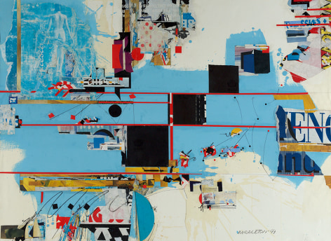 Will Call,1997,  Mixed Media and Collage,  30-1/8 x 41-5/8,  Signed and dated lower right. Abstract piece with duo-tone blue photographs, black squares and red lines. Sam Middleton was one of the leading 20th-century American artists, and is a mixed-media collage artist.