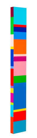 Heidi Spector, The Song Begins Again, 2019, Liquitex with resin on Birch panel, 52 x 7 x 2 inches, Signed, titled and dated on the verso, Long vertical panel with colorful squares and rectangles set in a glass-like surface, Heidi Spector creates geometric minimalist art inspired by musical rhythms that are composed of repetitive shapes in candy-like colors that vibrate.