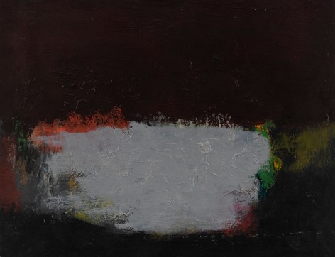 Felrath Hines, Untitled, 1954, Oil on canvas, 14 x 18 inches. Abstract painting with black textured background and organic, soft pastel colors on the foreground. Felrath Hines worked to create universal visual idioms from a place of complex personal experience. His figurative and cubist-style artwork morphed into soft-edged organic abstracts as he grappled with hues in his chosen oil medium.