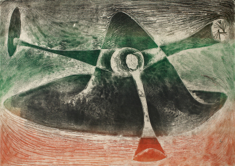 Harry Bertoia, 1264 c.1970, Monoprint on rice paper  26 5/8  x 36 &frac14; in, Green, orange and black abstract monoprint. Harry Bertoia was an artist and furniture designer.