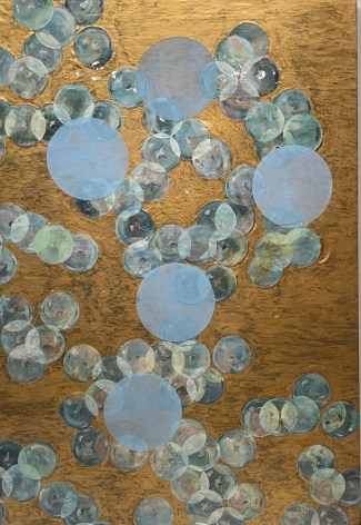 Erin Parish. Molecular Boogie, 2019, Oil on canvas, 50 x 70 in., Signed and dated on verso. Composed principally of fields of teal and gray circles over a gold background, Parish&rsquo;s paintings do not have primary focal points, but rather implied depth, created by the use of resin resulting in textured surfaces that guides the eye. Layered and dense, Parish&rsquo;s works convey a distinct tension between the textured surface and the underpainting resulting in structurally rigorous and complex compositions.