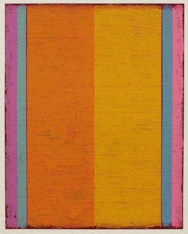 Steven Alexander, P12-18, 2018,  Oil &amp; acrylic on paper, 10 x 8 inches. Six thick and thin vertical rectangles in orange, magenta, pink, blue, and yellow. Steven Alexander is an American artist who makes abstract paintings characterized by luminous color, sensuous surfaces and iconic configurations.
