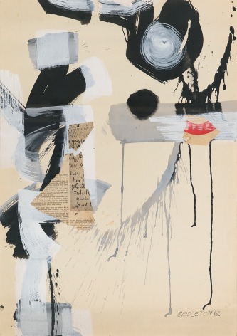Sam Middleton, Cymbals, 1962,  Mixed media and collage on paper,  25 1/4 X 17 3/4,  Signed and dated lower right. Mixed media abstract work with newspaper, black and white splattered paint. Sam Middleton was one of the leading 20th-century American artists, and is a mixed-media collage artist.