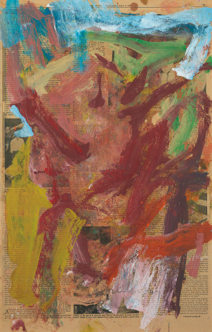 Willem de Kooning, Thursday July 17, 1969,  Oil on Newspaper,  23 x 14 1/2 inches, Abstract piece with muted color marks over a newspaper page. Willem de Kooning was one of the largest Abstract Expressionist painters who focused on gestural movement, Cubism, Surrealism and Expressionism.